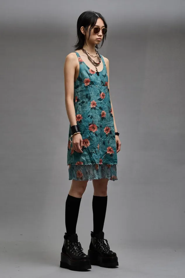 R13 Sale Women LAYERED FLOUNCE TANK SLIP 8211 BLUE FLORAL