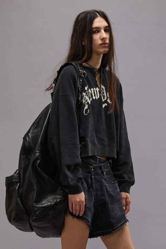 R13 Sale Women NEW YORK CROPPED CREWNECK WITH FRONT SLIT 8211 ACID BLACK