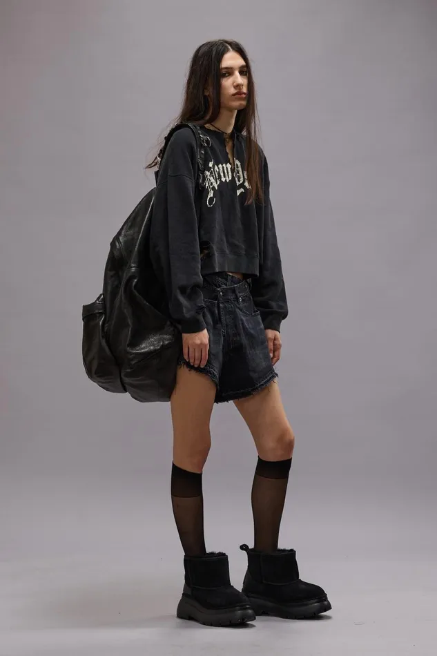 R13 Sale Women NEW YORK CROPPED CREWNECK WITH FRONT SLIT 8211 ACID BLACK