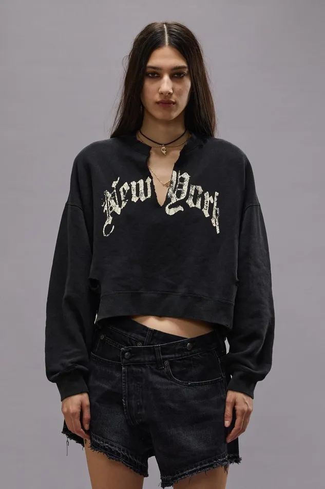 R13 Sale Women NEW YORK CROPPED CREWNECK WITH FRONT SLIT 8211 ACID BLACK