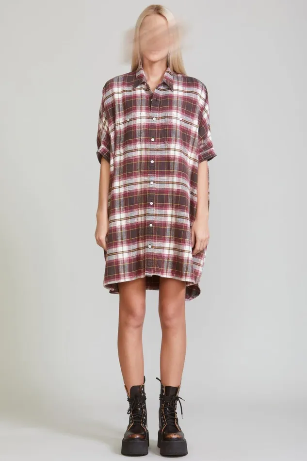 R13 Sale Women PLAID OVERSIZED BOXY SHIRTDRESS 8211 ECRUMAROON PLAID