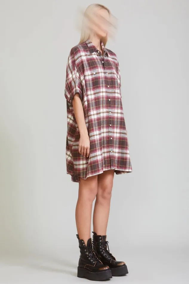 R13 Sale Women PLAID OVERSIZED BOXY SHIRTDRESS 8211 ECRUMAROON PLAID