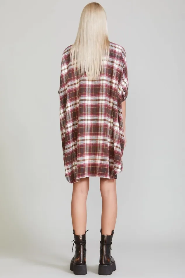 R13 Sale Women PLAID OVERSIZED BOXY SHIRTDRESS 8211 ECRUMAROON PLAID