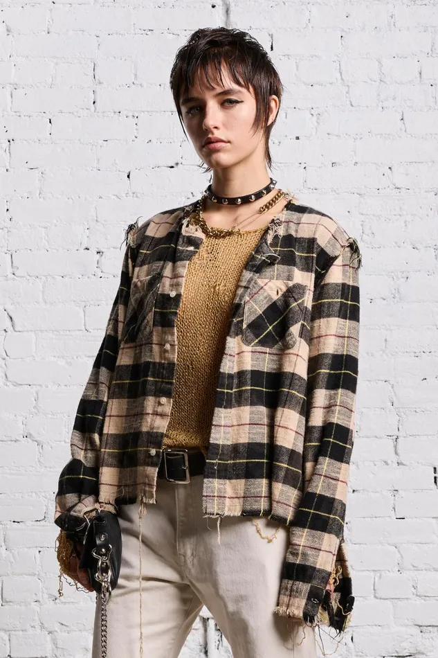 R13 Sale Women SHREDDED CREWNECK SHIRT 8211 BLEACHED BEIGE PLAID