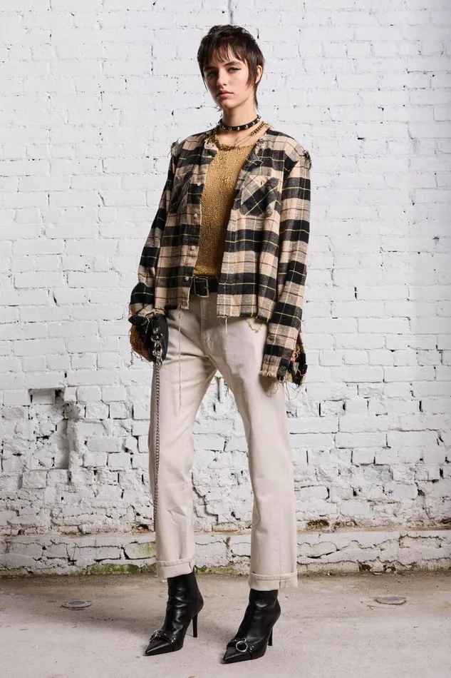 R13 Sale Women SHREDDED CREWNECK SHIRT 8211 BLEACHED BEIGE PLAID
