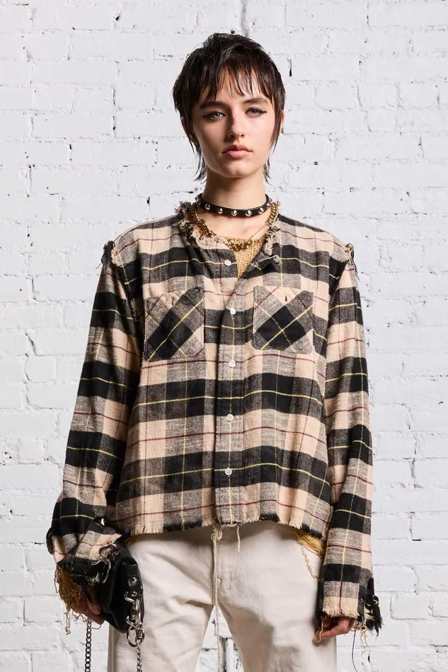 R13 Sale Women SHREDDED CREWNECK SHIRT 8211 BLEACHED BEIGE PLAID