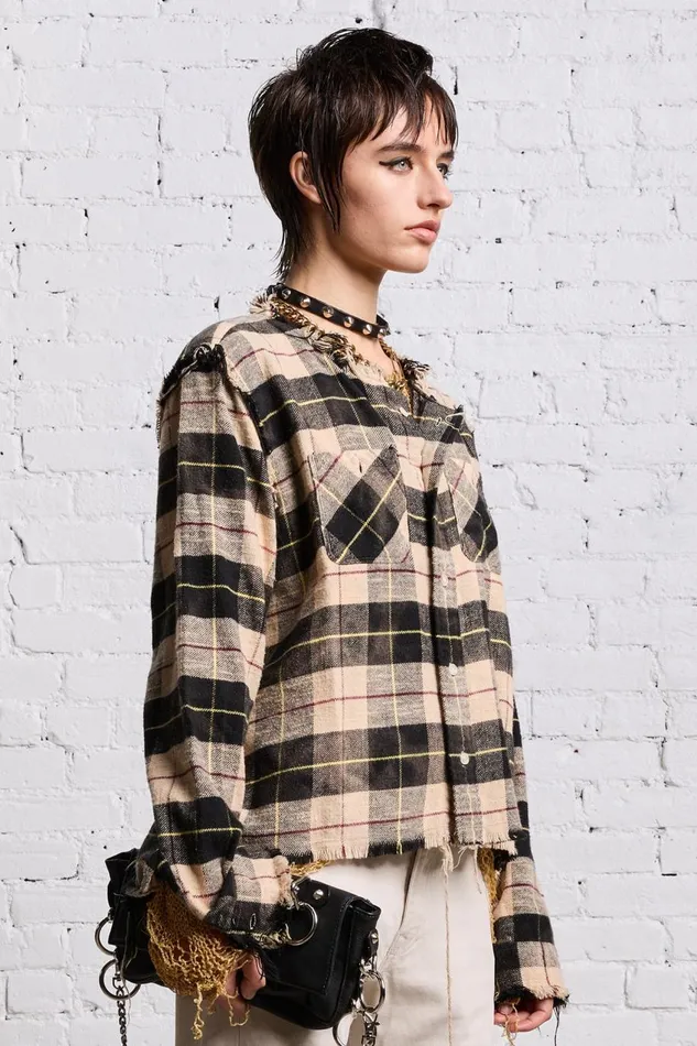 R13 Sale Women SHREDDED CREWNECK SHIRT 8211 BLEACHED BEIGE PLAID