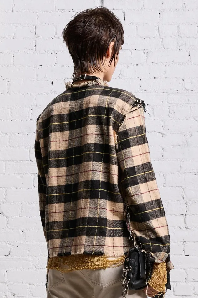R13 Sale Women SHREDDED CREWNECK SHIRT 8211 BLEACHED BEIGE PLAID