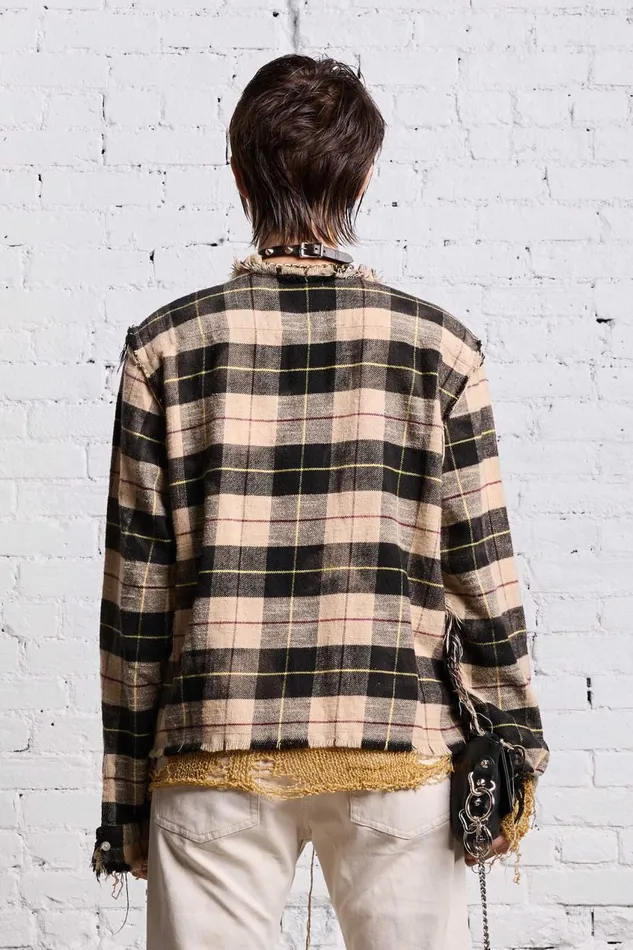 R13 Sale Women SHREDDED CREWNECK SHIRT 8211 BLEACHED BEIGE PLAID