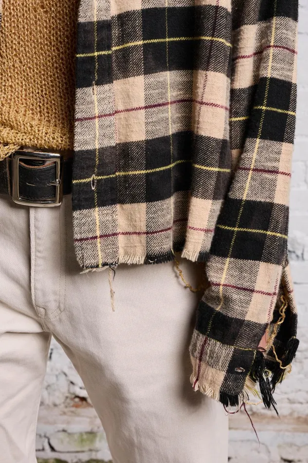 R13 Sale Women SHREDDED CREWNECK SHIRT 8211 BLEACHED BEIGE PLAID