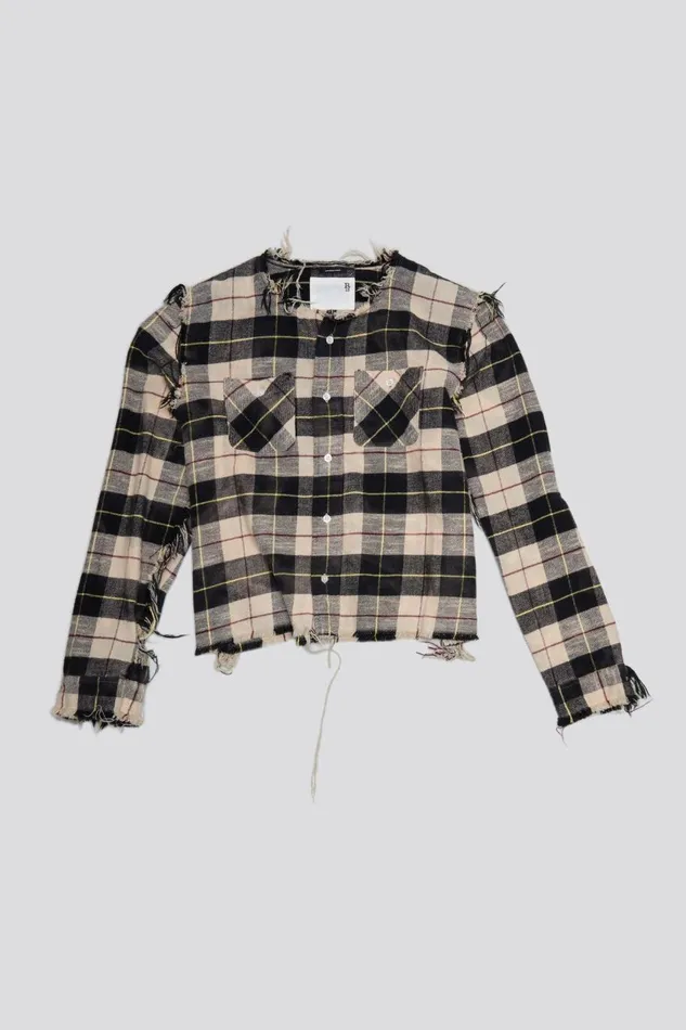 R13 Sale Women SHREDDED CREWNECK SHIRT 8211 BLEACHED BEIGE PLAID