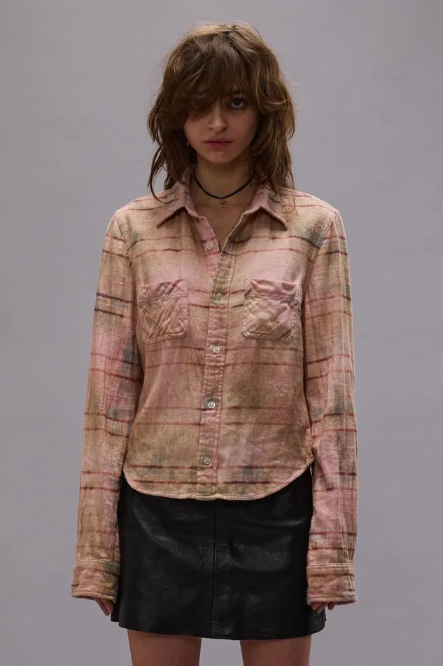 R13 Sale Women SHRUNKEN WORKSHIRT 8211 PINK OVERDYED PLAID