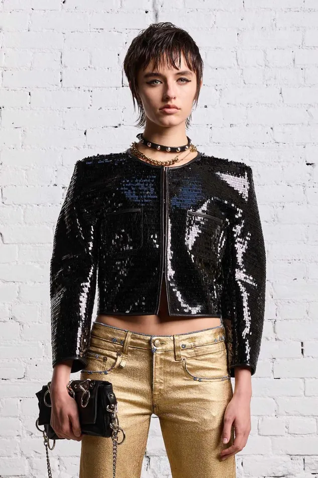 R13 Sale Women SQUARE SHOULDER SEQUIN JACKET 8211 BLACK