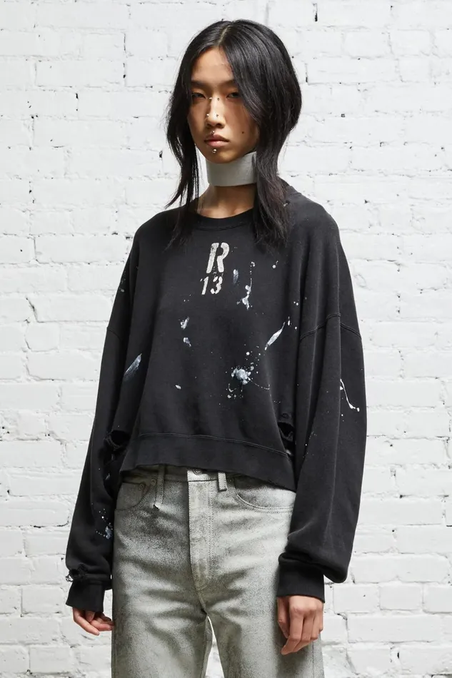 R13 Sweaters Women CROPPED R13 CREWNECK 8211 ACID BLACK
