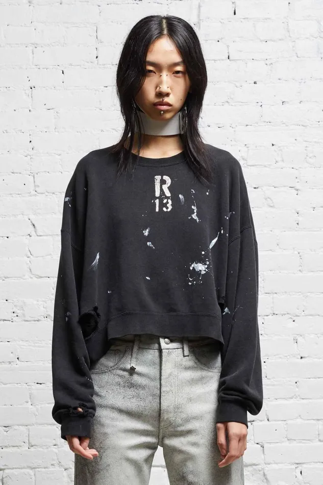 R13 Sweaters Women CROPPED R13 CREWNECK 8211 ACID BLACK