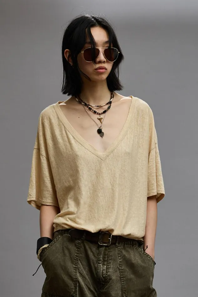 R13 Tops Women GATHERED HEM VNECK TEE 8211 KHAKI
