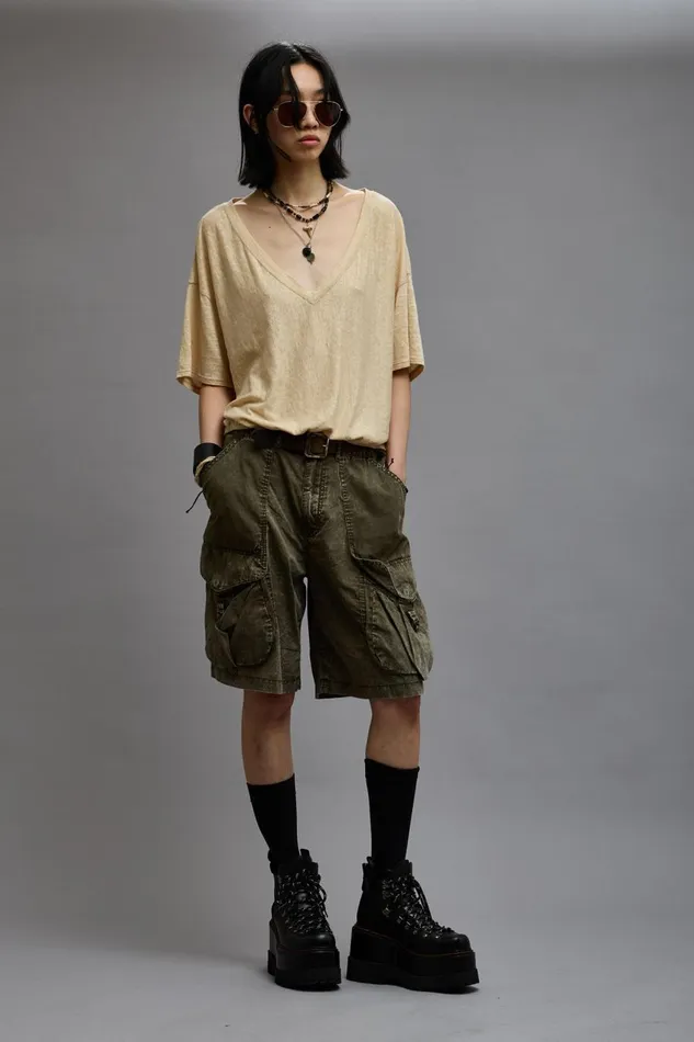 R13 Tops Women GATHERED HEM VNECK TEE 8211 KHAKI