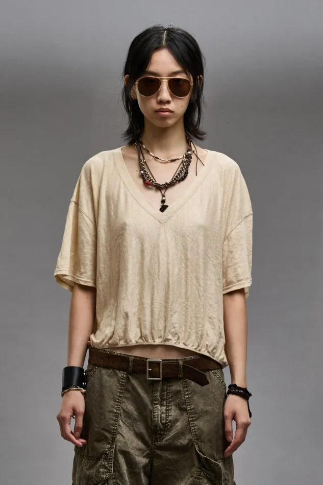 R13 Tops Women GATHERED HEM VNECK TEE 8211 KHAKI