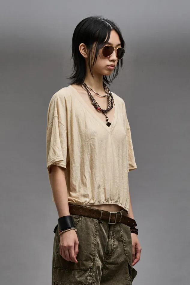 R13 Tops Women GATHERED HEM VNECK TEE 8211 KHAKI
