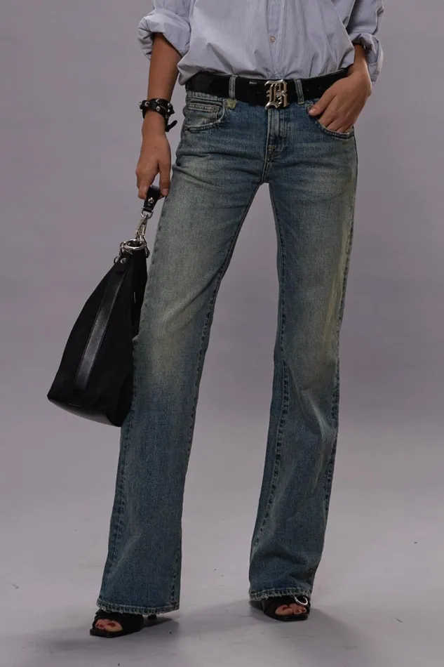R13 Wide Leg Women BOY FLARE JEANS 8211 MERTON BLUE STRETCH