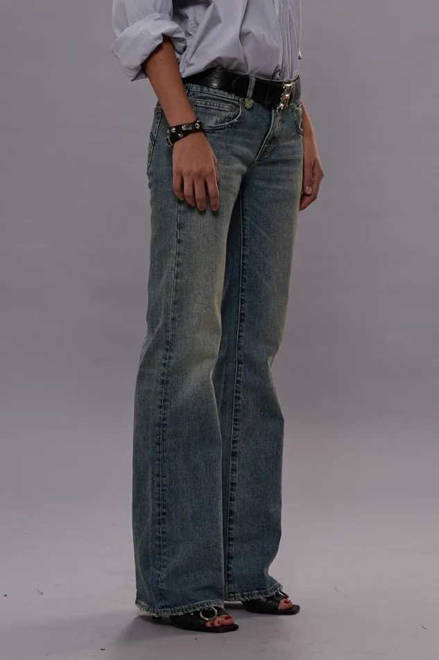 R13 Wide Leg Women BOY FLARE JEANS 8211 MERTON BLUE STRETCH
