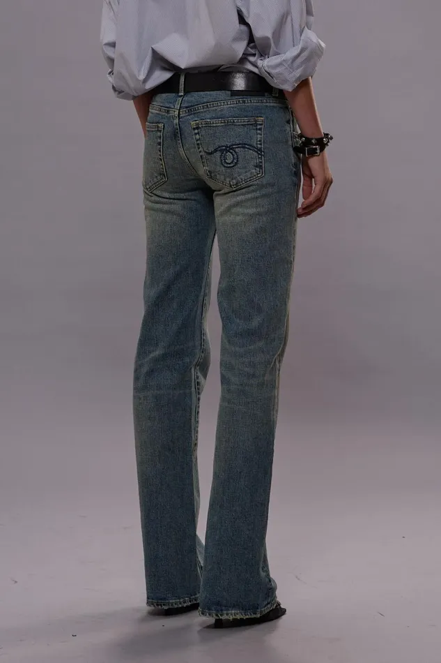 R13 Wide Leg Women BOY FLARE JEANS 8211 MERTON BLUE STRETCH