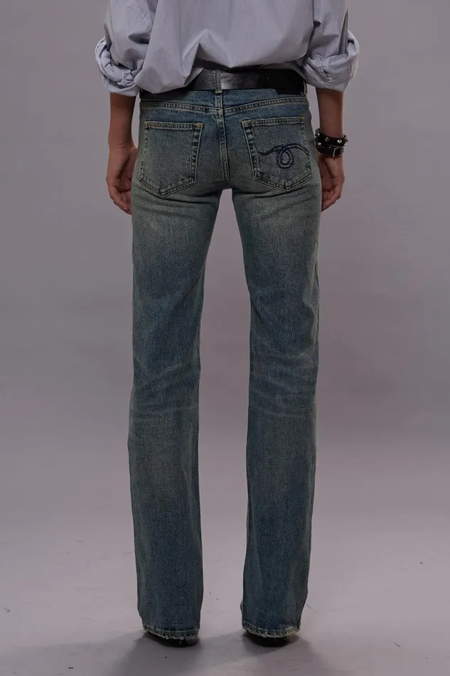 R13 Wide Leg Women BOY FLARE JEANS 8211 MERTON BLUE STRETCH