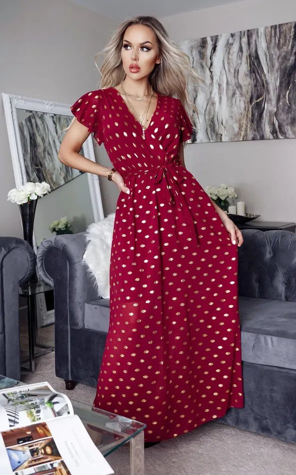 Regin Burgundy Metallic Polka Dot Wrap Maxi Dress Women Missfiga Wrap Dresses