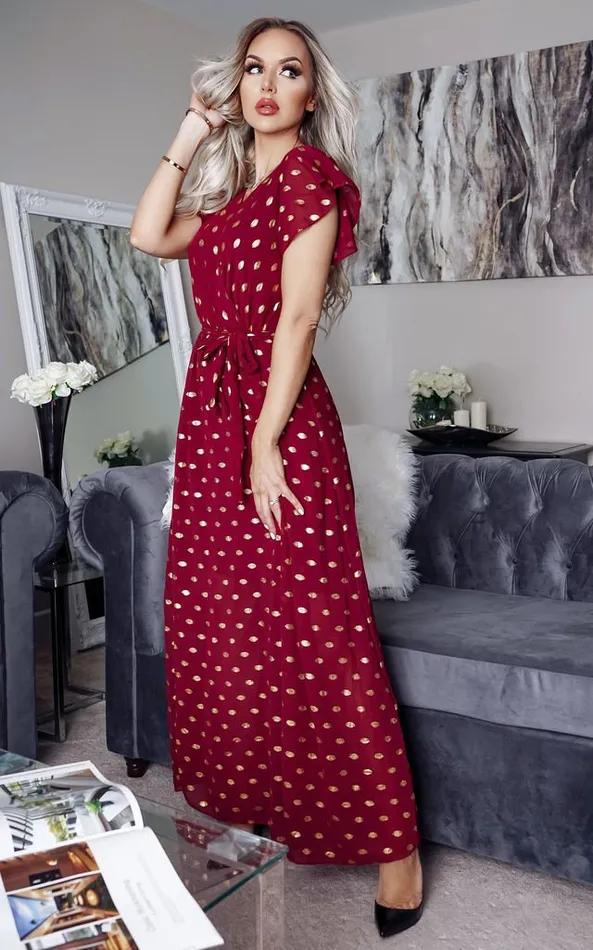 Regin Burgundy Metallic Polka Dot Wrap Maxi Dress Women Missfiga Wrap Dresses Regin Burgundy Metallic Polka Dot Wrap Maxi Dress Women Missfiga Wrap Dresses