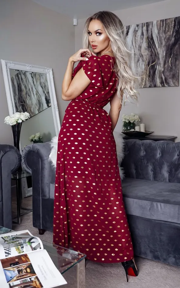 Regin Burgundy Metallic Polka Dot Wrap Maxi Dress Women Missfiga Wrap Dresses Regin Burgundy Metallic Polka Dot Wrap Maxi Dress Women Missfiga Wrap Dresses
