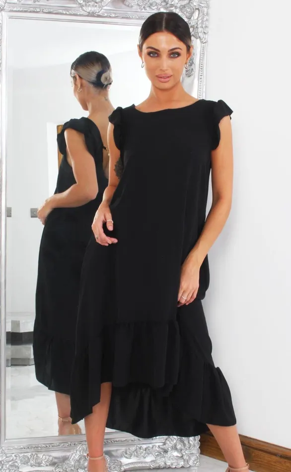 Roman Black Dipped Hem Smock Dress Women Missfiga Maxi Dresses