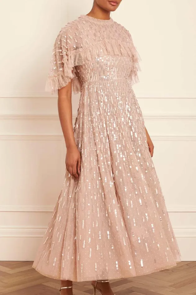 Sequin Dash Cape Ankle Gown Beige Women Needle and Thread Dresses