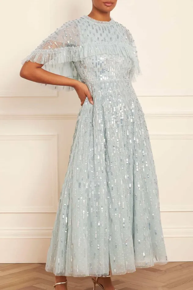 Sequin Dash Cape Ankle Gown Blue Women Needle and Thread Dresses