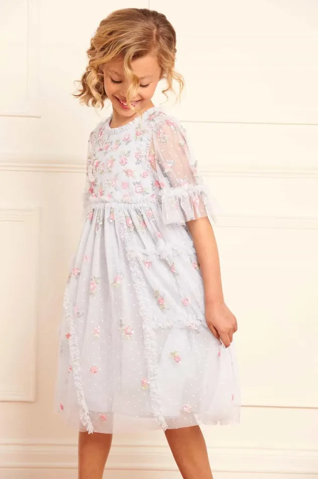 Shimmer Ditsy Short Sleeve Kids Dress Blue Kids Needle and Thread Kids Formalwear