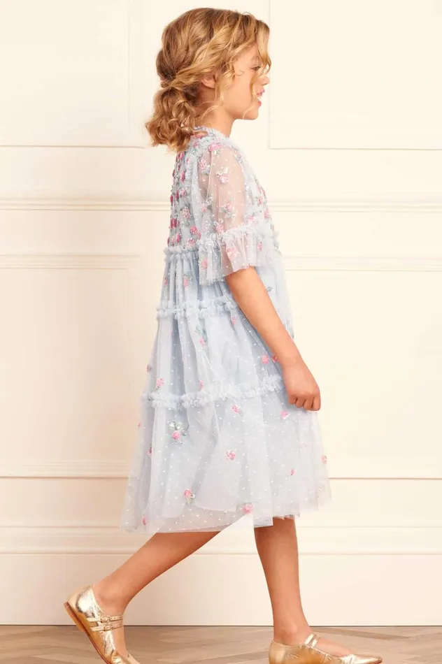 Shimmer Ditsy Short Sleeve Kids Dress Blue Kids Needle and Thread Kids Formalwear