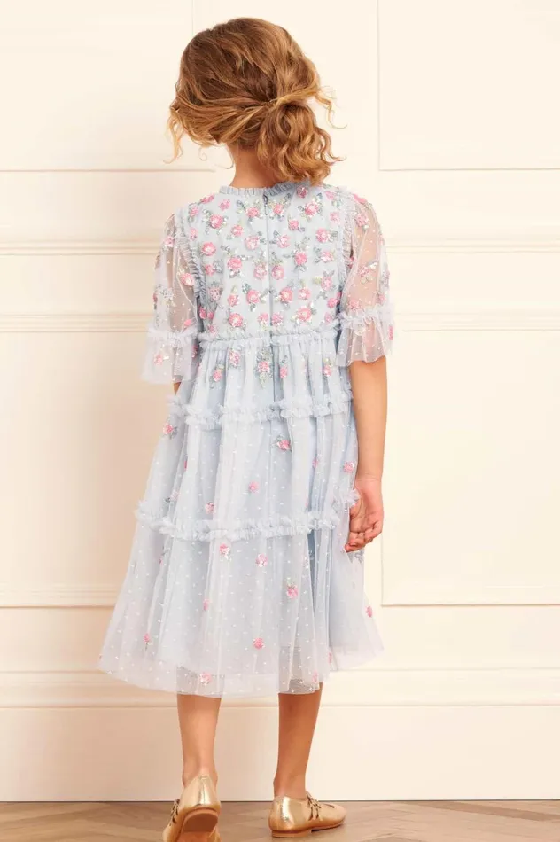 Shimmer Ditsy Short Sleeve Kids Dress Blue Kids Needle and Thread Kids Formalwear