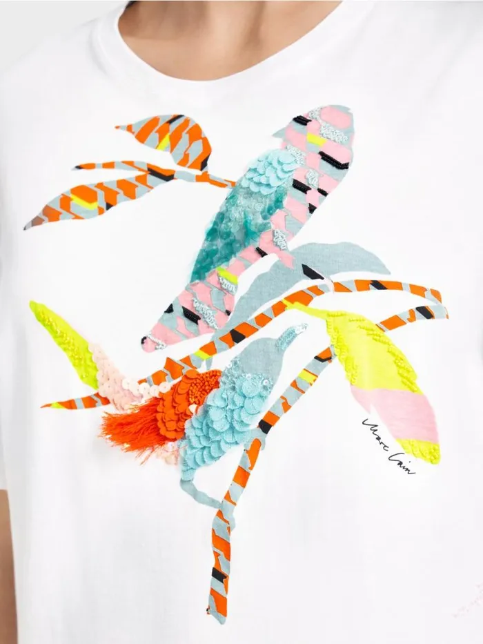 Shirts and Tops Damen Marc Cain TShirt Mit Bunter VogelApplikation White