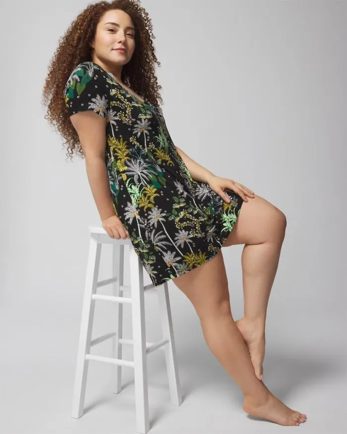 Soma Cool Nights Short Sleeve Sleepshirt Plumeria Dot Black Women Sleepshirts