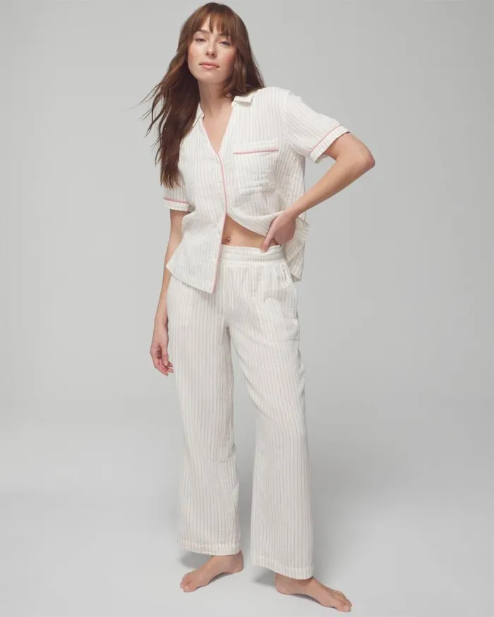 Soma Cotton Gauze Pants Dbl Cloth Bw Stripe Women Matching Sets and Separates
