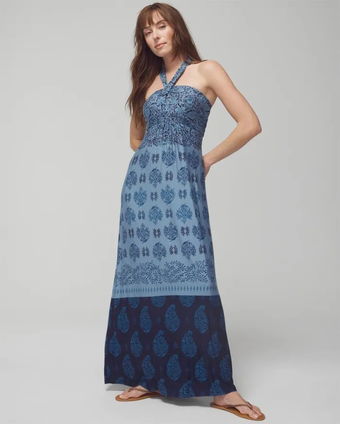 Soma Soft Jersey Halter Maxi Bra Dress Bella Stamp Border Blue Women Long Dresses