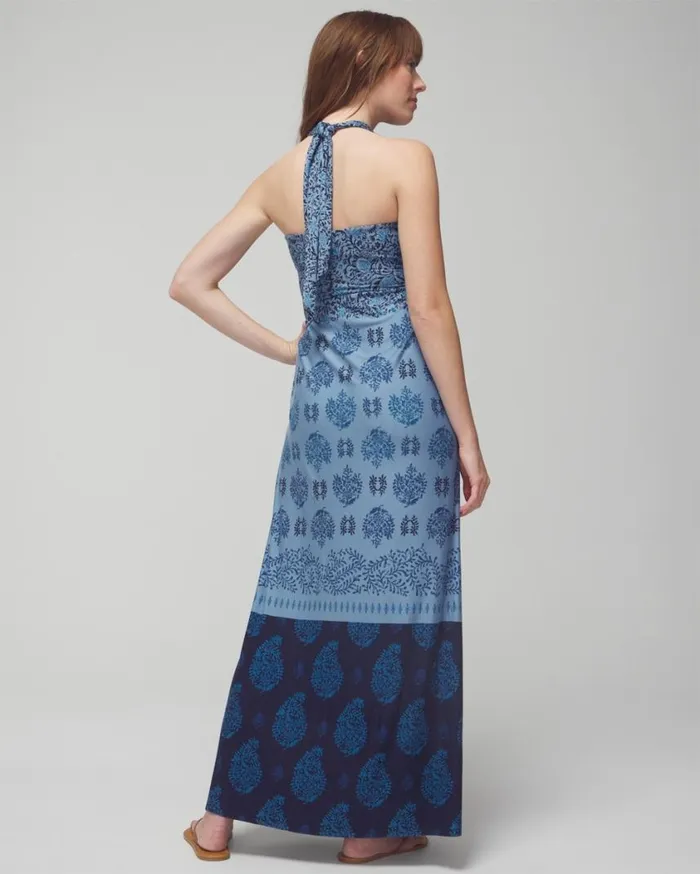 Soma Soft Jersey Halter Maxi Bra Dress Bella Stamp Border Blue Women Long Dresses