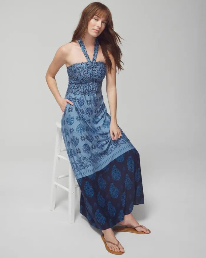 Soma Soft Jersey Halter Maxi Bra Dress Bella Stamp Border Blue Women Long Dresses