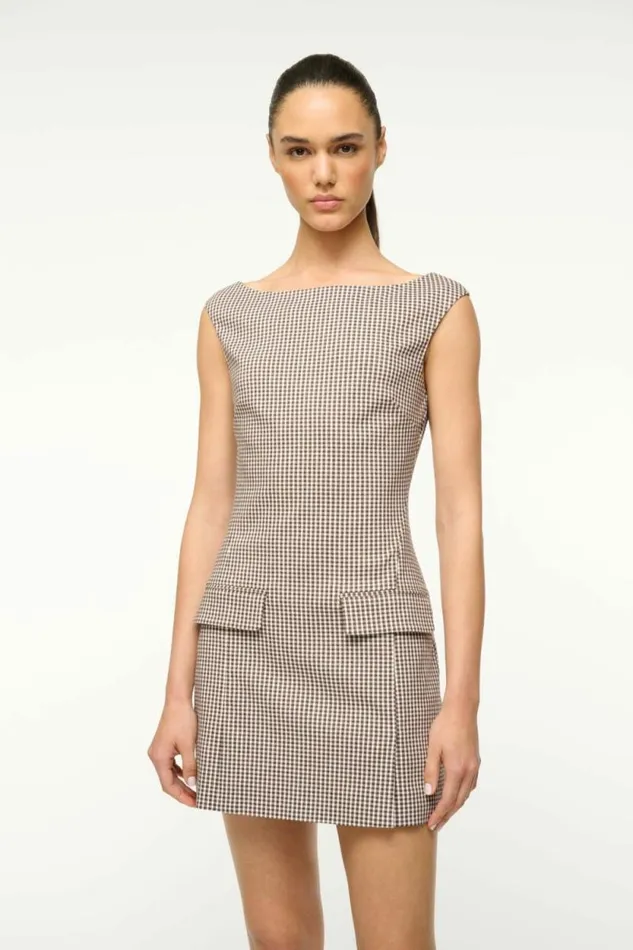 STAUD Dresses WALKER DRESS Dark Chocolate Micro Check 8211 Women STAUD Dresses WALKER DRESS Dark Chocolate Micro Check 8211 Women