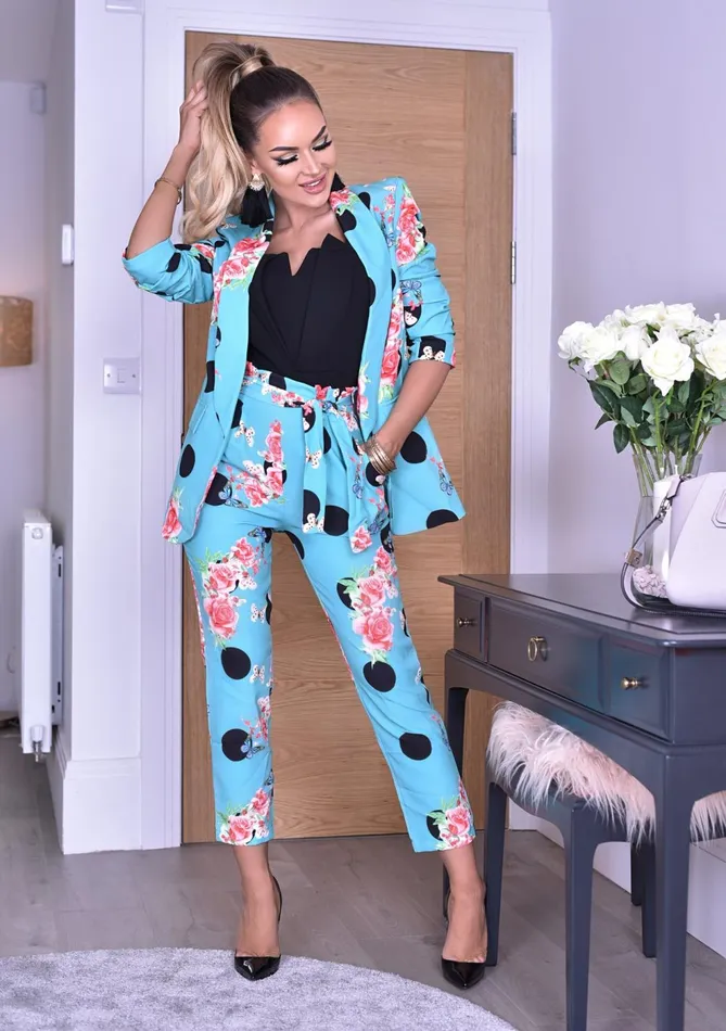 Teal Floral Polka Dot Mock Pocket Blazer Women Missfiga CoOrds