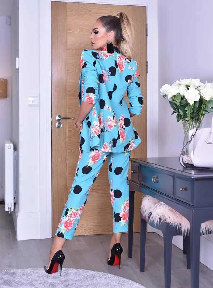 Teal Floral Polka Dot Mock Pocket Blazer Women Missfiga CoOrds Teal Floral Polka Dot Mock Pocket Blazer Women Missfiga CoOrds