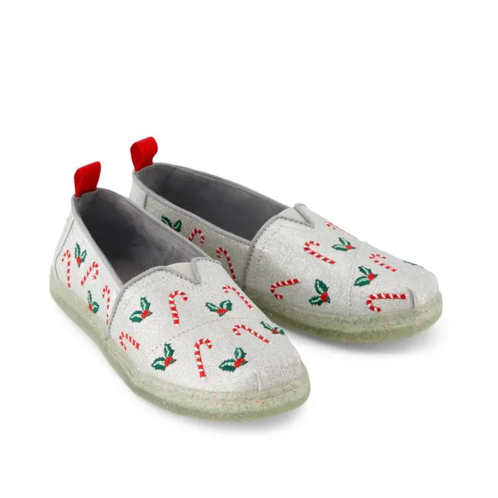 Toms TOMS Classics Alpargata Kids Shoe Silver Shimmer Embroidered Candy Canes 8211 WomenKids Toms TOMS Classics Alpargata Kids Shoe Silver Shimmer Embroidered Candy Canes 8211 WomenKids