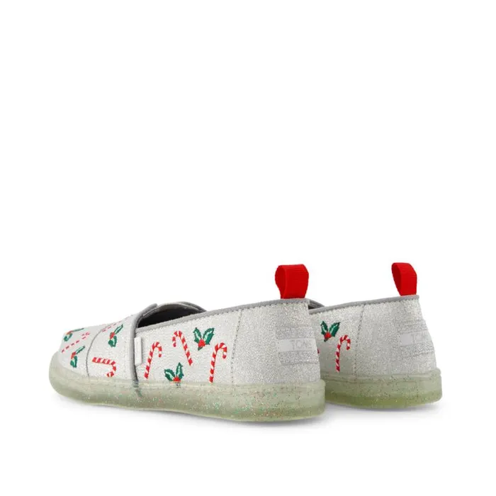 Toms TOMS Classics Alpargata Kids Shoe Silver Shimmer Embroidered Candy Canes 8211 WomenKids Toms TOMS Classics Alpargata Kids Shoe Silver Shimmer Embroidered Candy Canes 8211 WomenKids