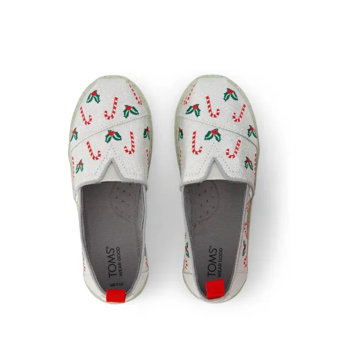 Toms TOMS Classics Alpargata Kids Shoe Silver Shimmer Embroidered Candy Canes 8211 WomenKids Toms TOMS Classics Alpargata Kids Shoe Silver Shimmer Embroidered Candy Canes 8211 WomenKids