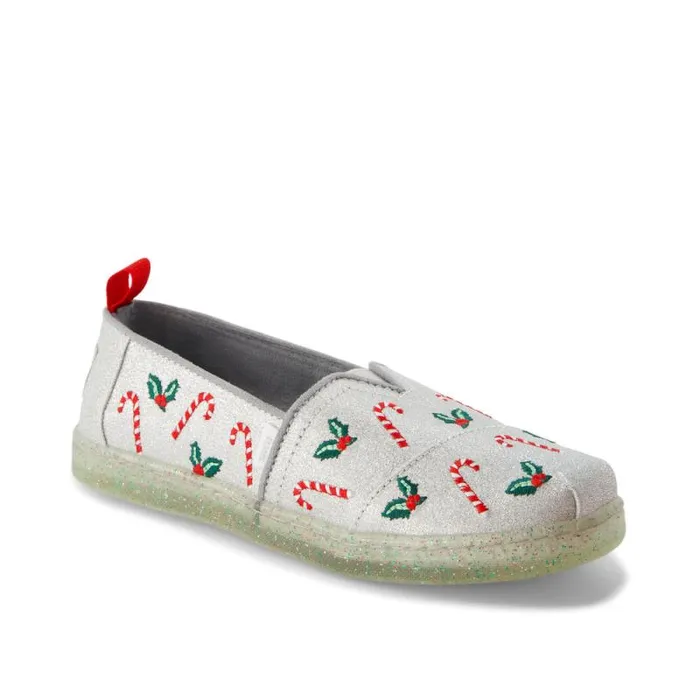 Toms TOMS Classics Alpargata Kids Shoe Silver Shimmer Embroidered Candy Canes 8211 WomenKids Toms TOMS Classics Alpargata Kids Shoe Silver Shimmer Embroidered Candy Canes 8211 WomenKids