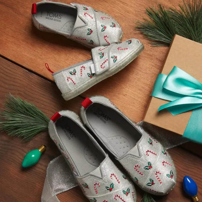 Toms TOMS Classics Alpargata Kids Shoe Silver Shimmer Embroidered Candy Canes 8211 WomenKids Toms TOMS Classics Alpargata Kids Shoe Silver Shimmer Embroidered Candy Canes 8211 WomenKids